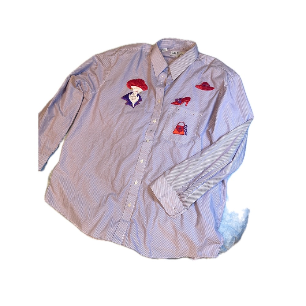 Striped Embellished Button Down Shirt Novelty Embroidery‎ Fashion Ladycore